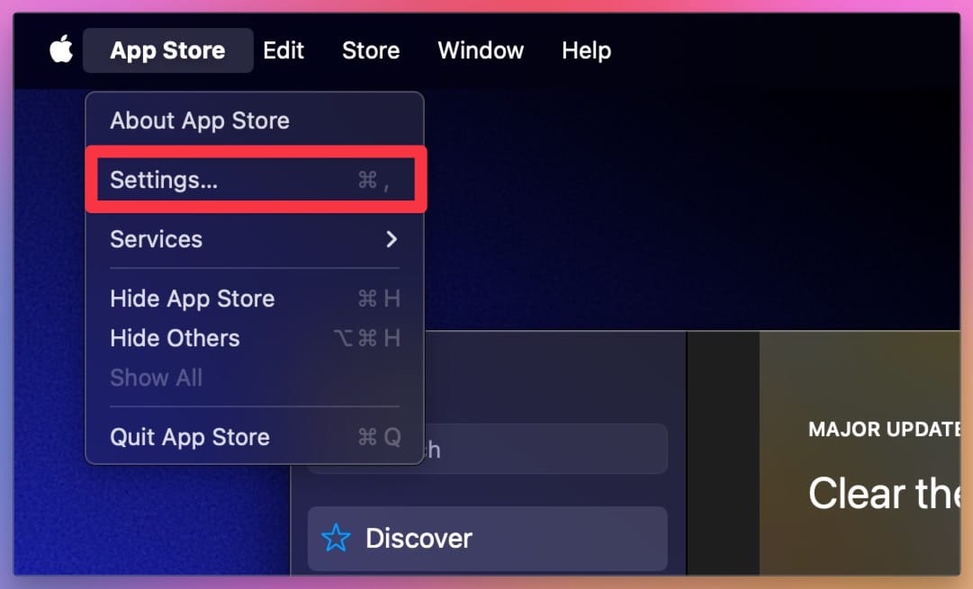 app store menu screenshot showing settings option