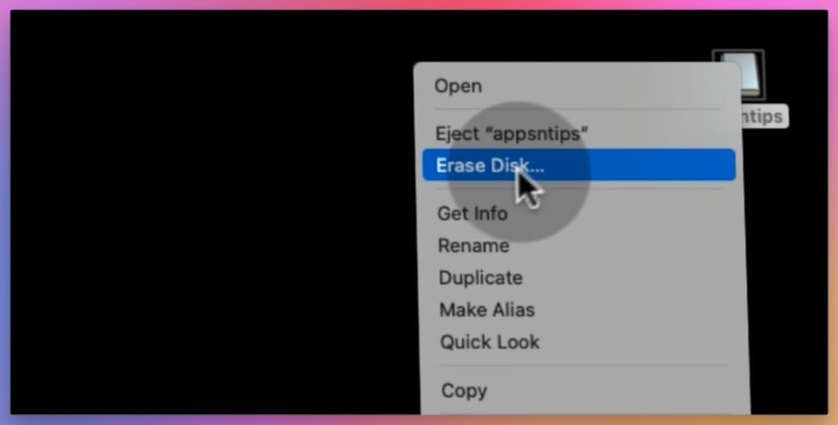 erase disk option in right-click menu on desktop