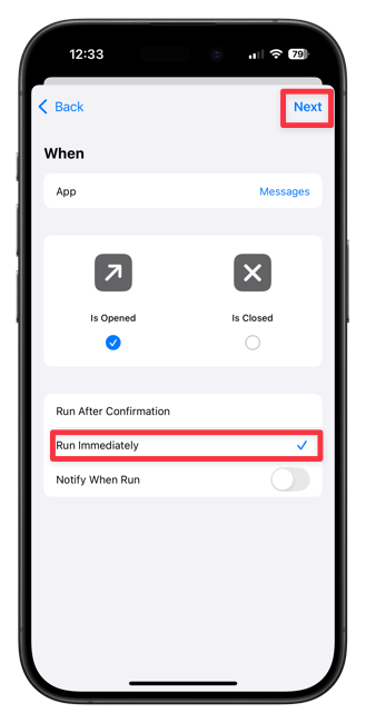 screenshot showing Run Immediately option