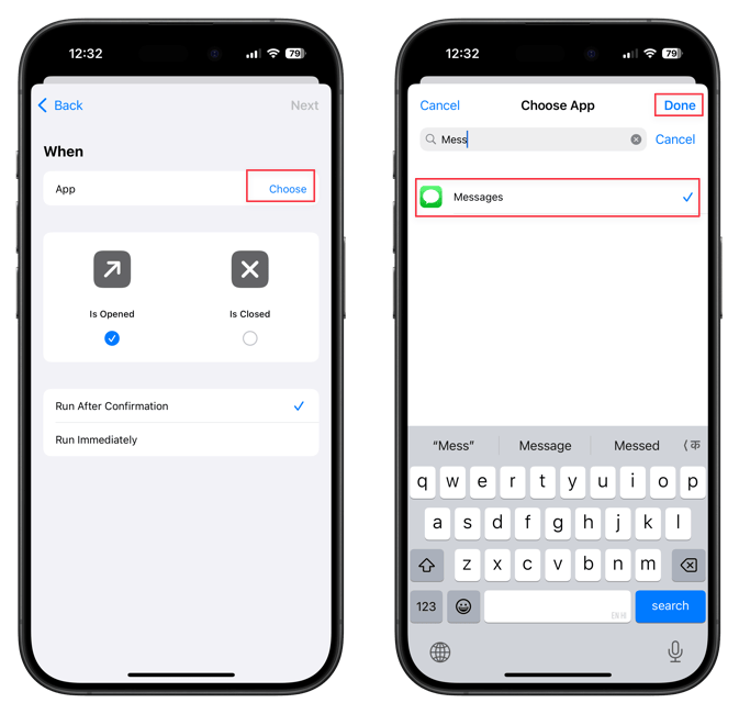 using the choose button to add Messages app to automation