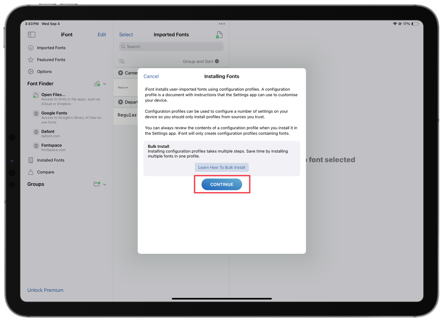 Continue button in iFonts app