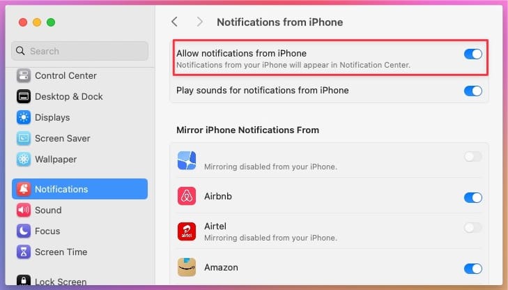 Notifications from iPhone settings