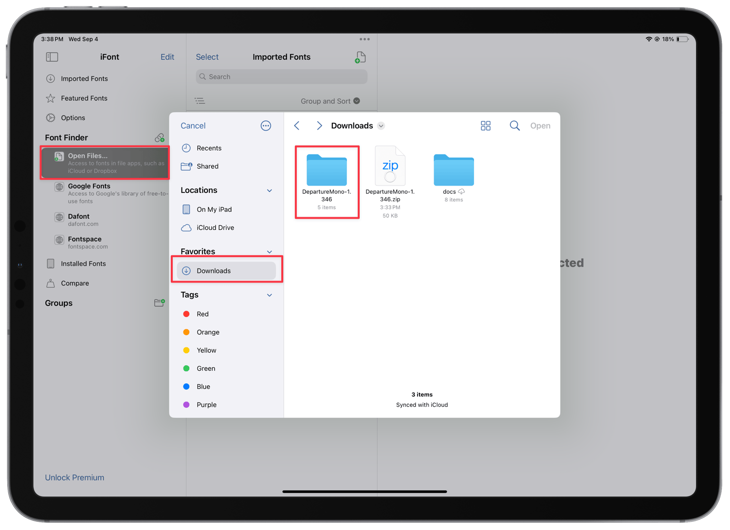 Open Files option in iFont