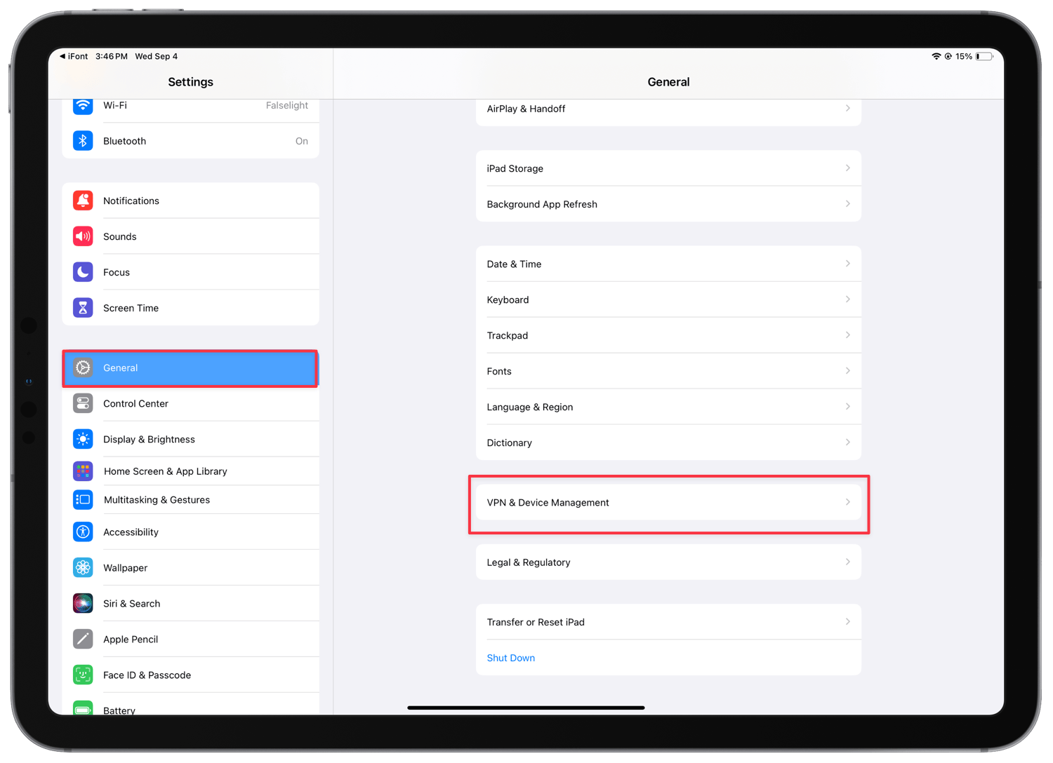 Settings app on iPad showing VPN settings