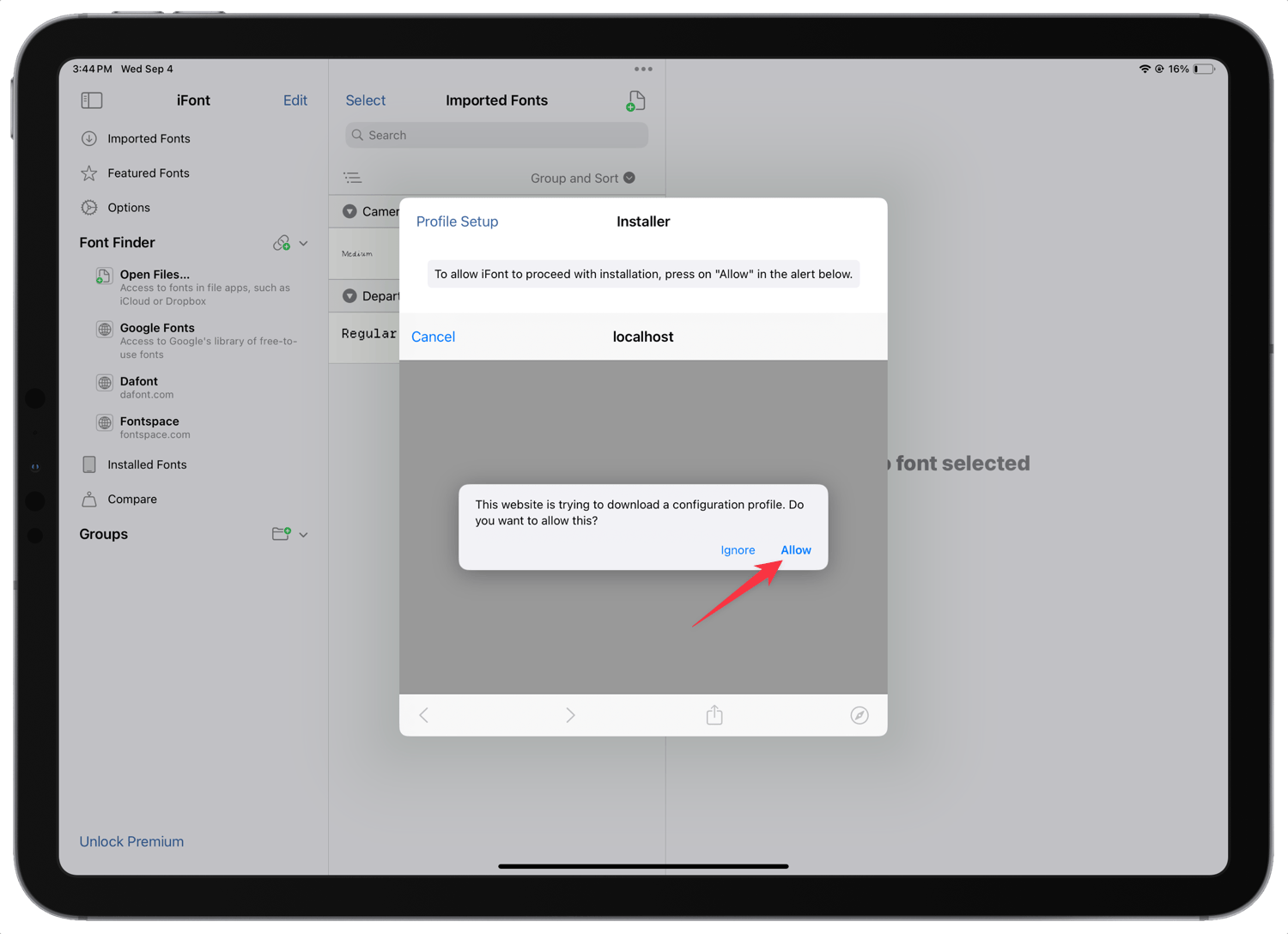 allow button in iFont app