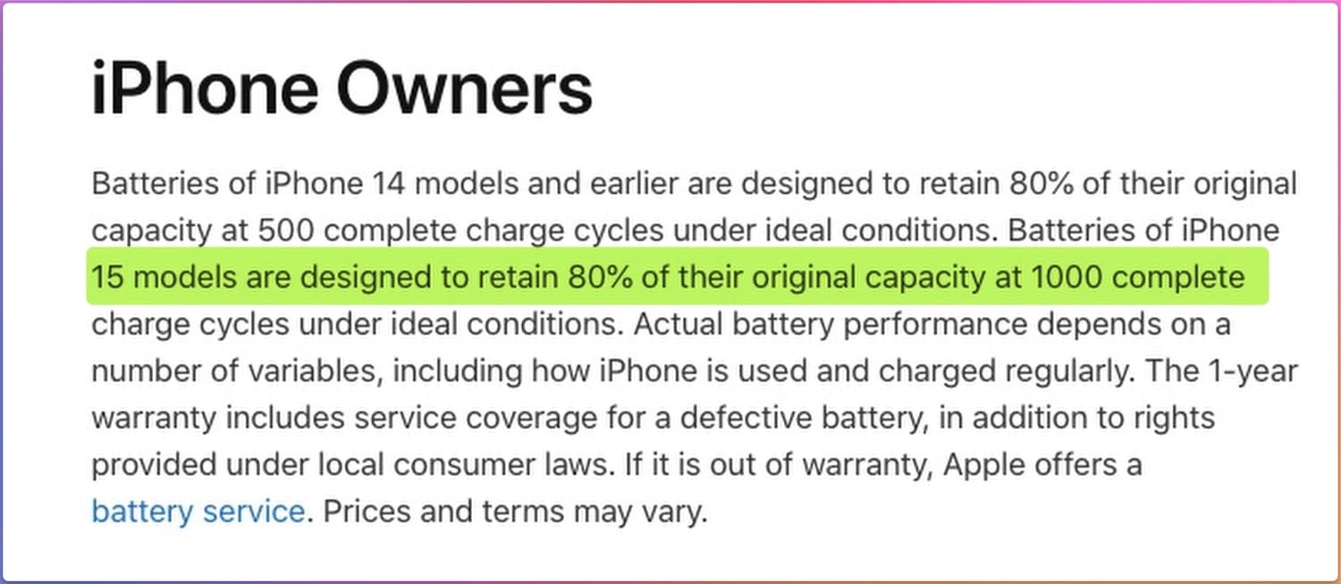 apple document showing battery capacity after 1000 cycles