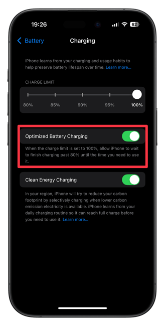 iPhoen 15 Pro Optimized Battery Charging Settings