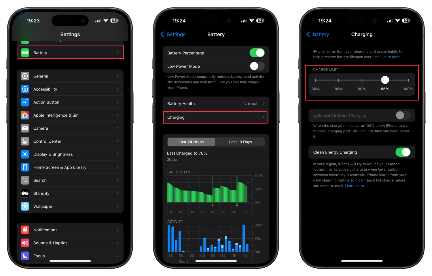 iPhone 15 Pro Battery Settings Page