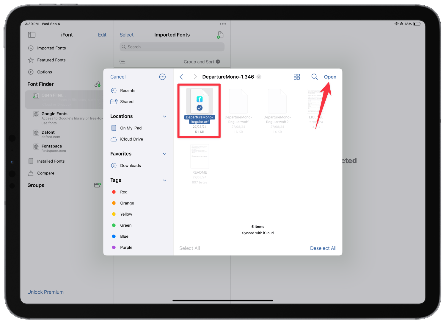 selecting the font and opening it in iFont app