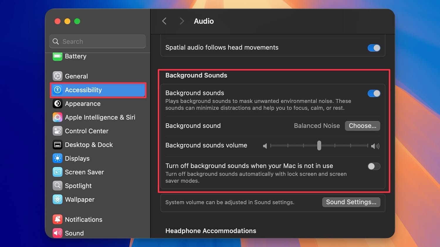 Backgorund Sounds Setting in Accessibility setting