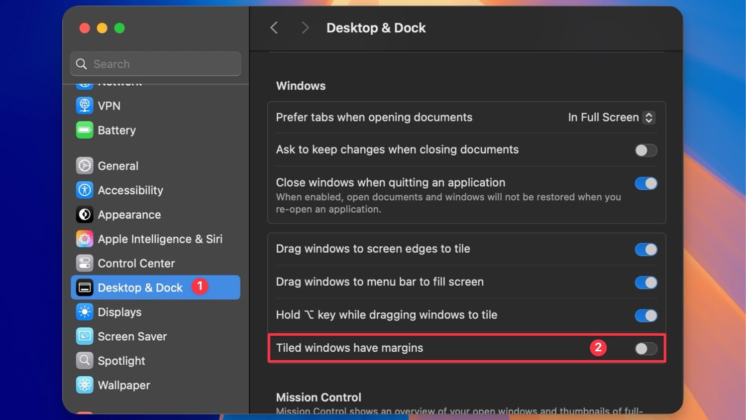 Desktop & Dock Settings page showing window tiling option