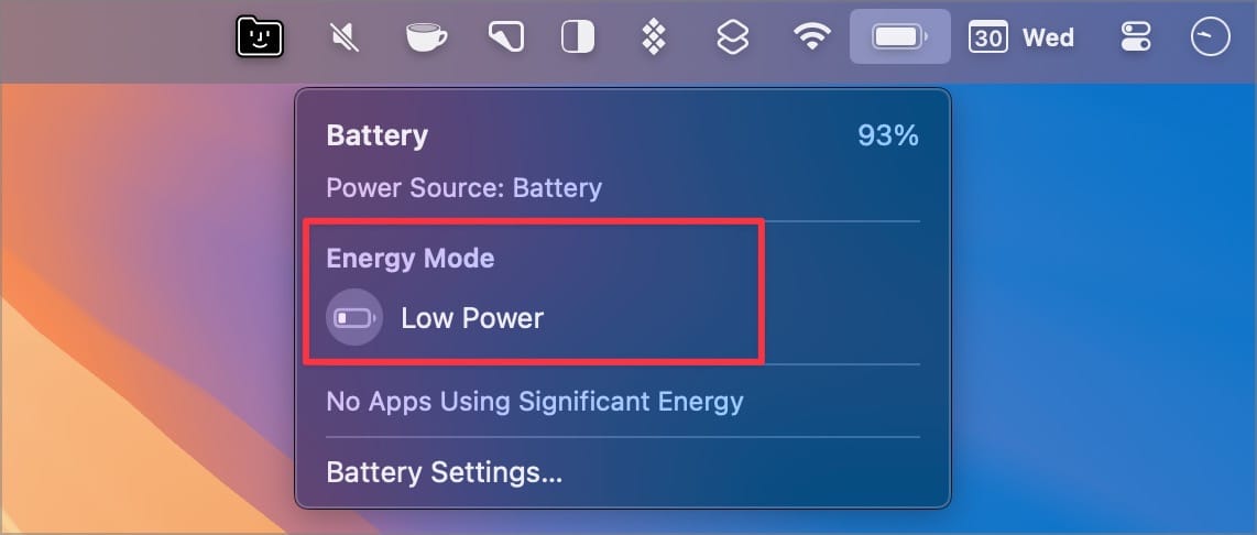 Low power mode in battery in menu bar