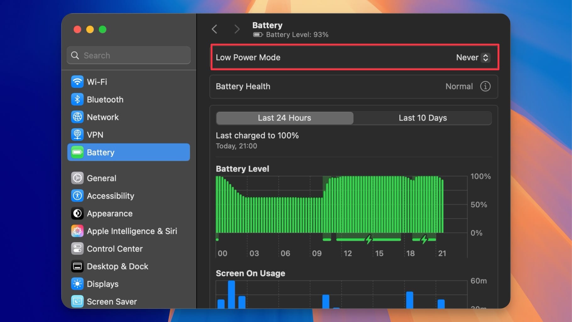 Low power mode settings in battery