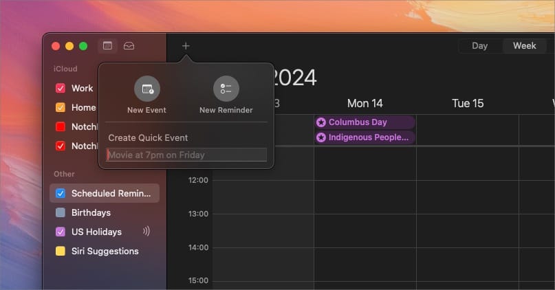 New Reminder Button in Apple Calendar
