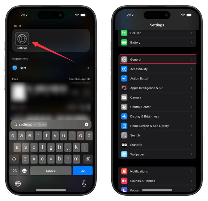 Opening general settings on iPhone