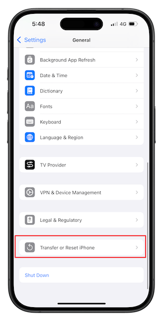 Transfer or Rest iPhone option