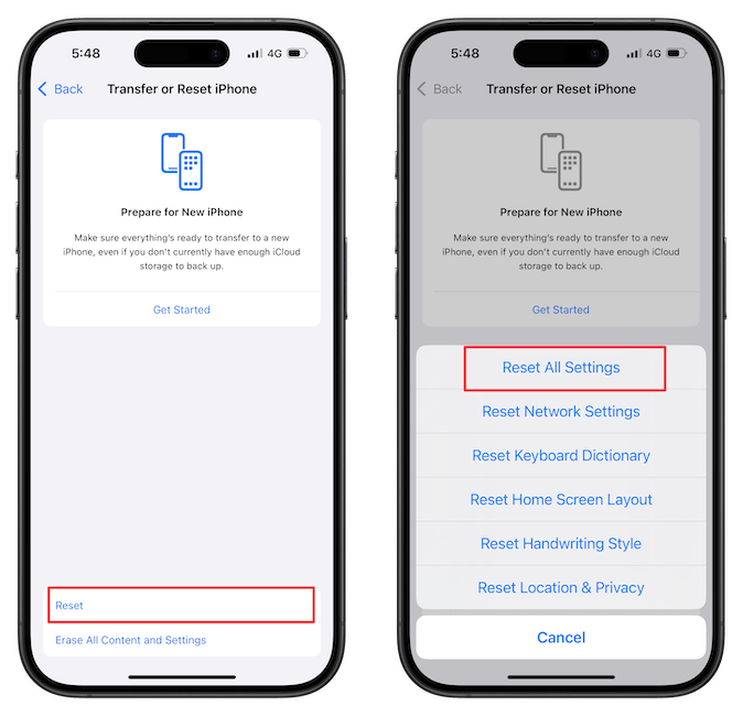 Reset All Settings option