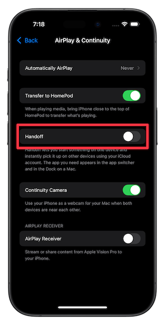 Turning off Handoff