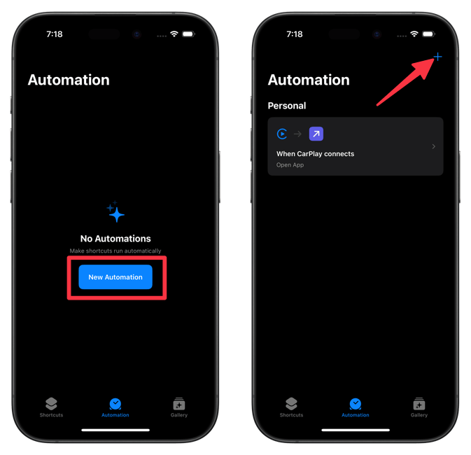 opening automation tab in shortcuts app