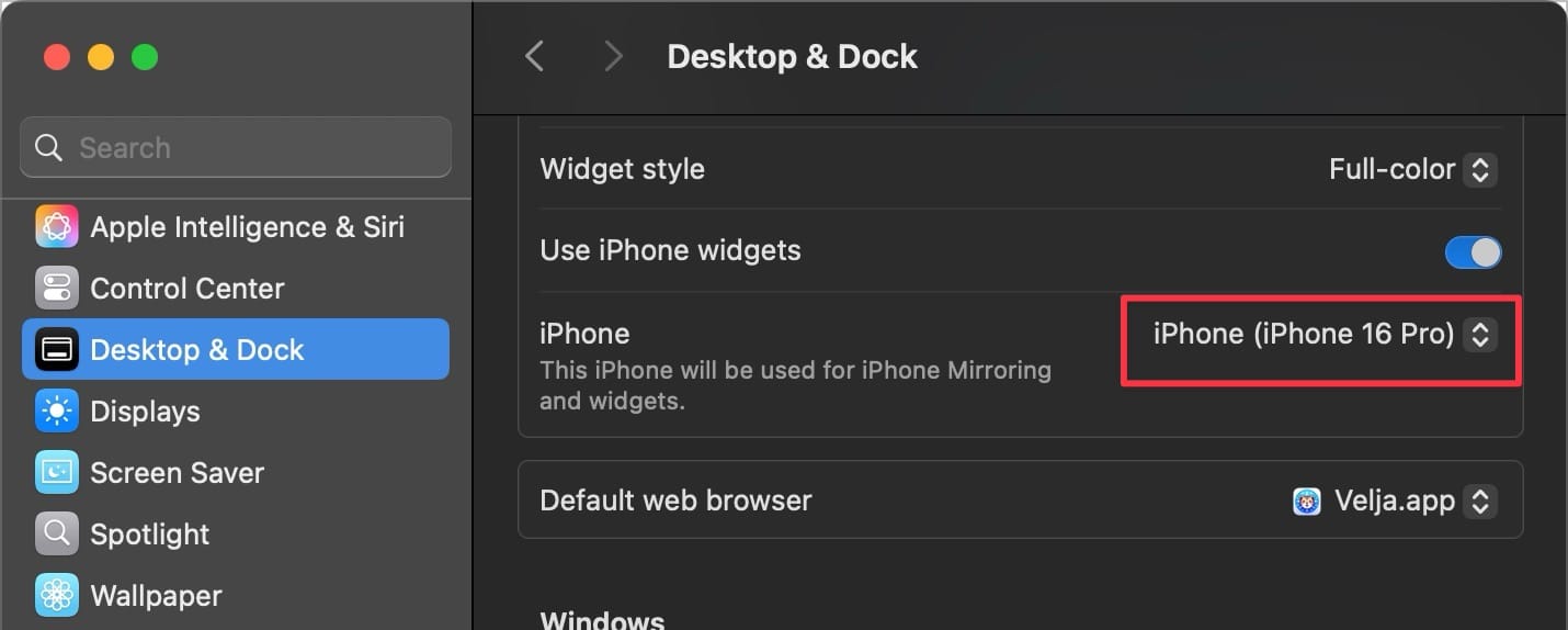 desktop and dock settings panel