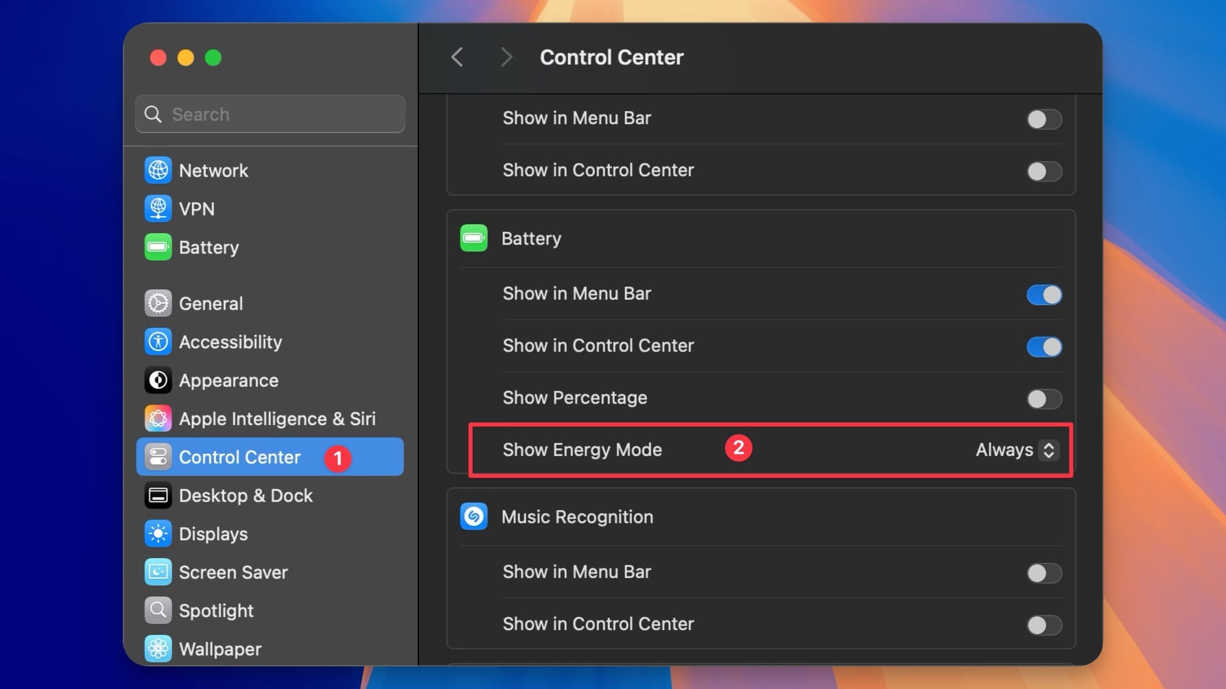 enabling low power mode in Menu Bar