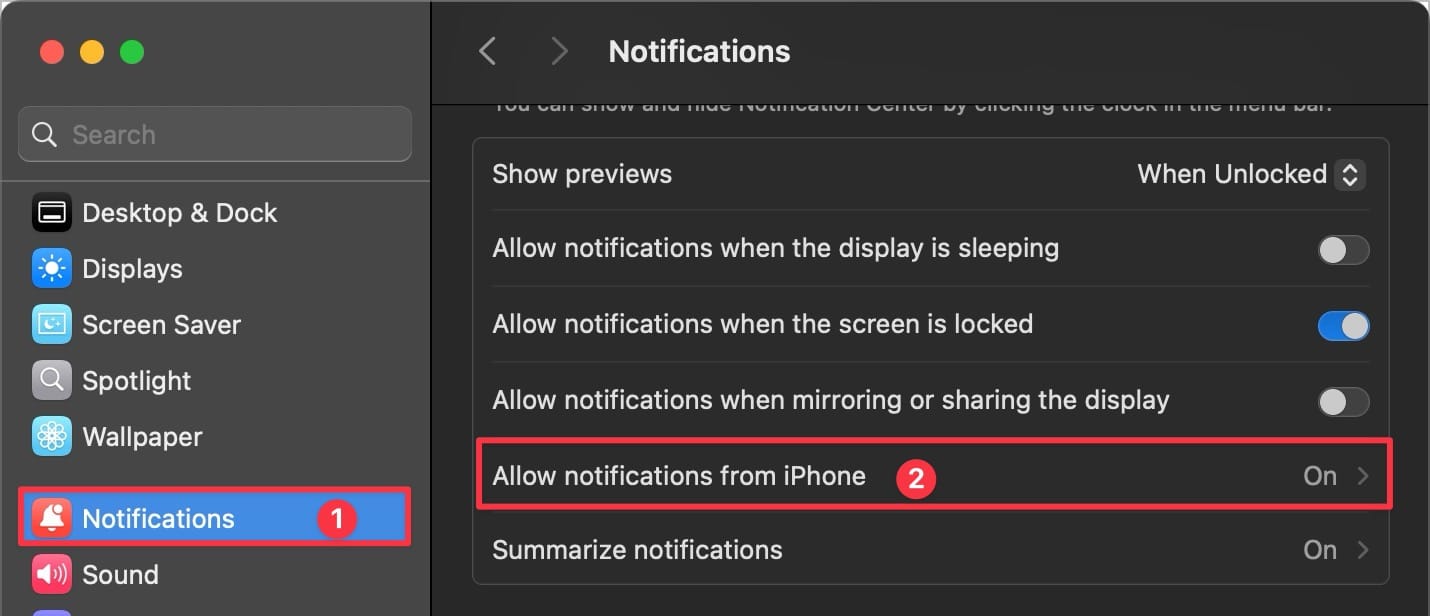 notification settings panel