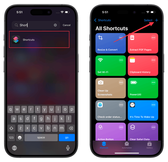 opening shortcuts app and creating a new shortcut