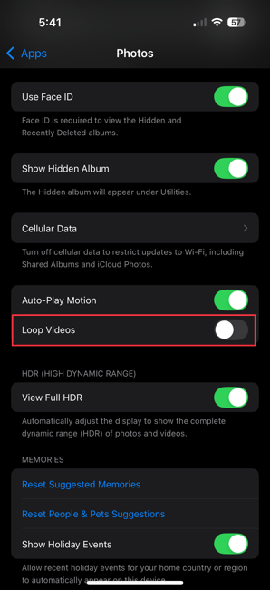  Loop Video setting toggle