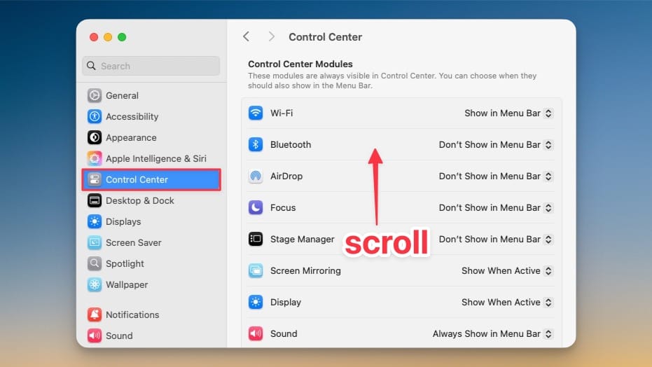 Control Center settings 