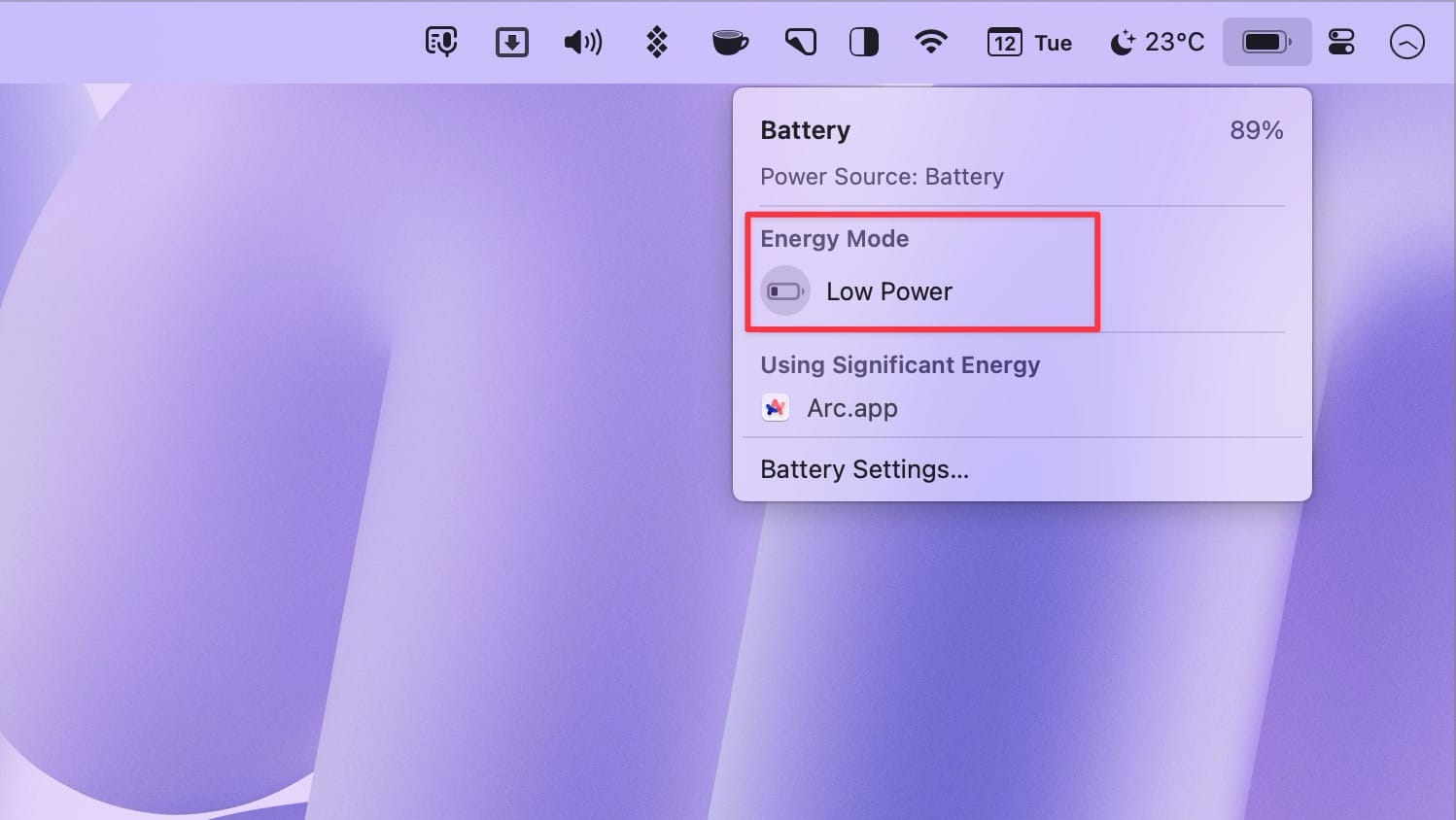 Low Power Mode option in Menu Bar