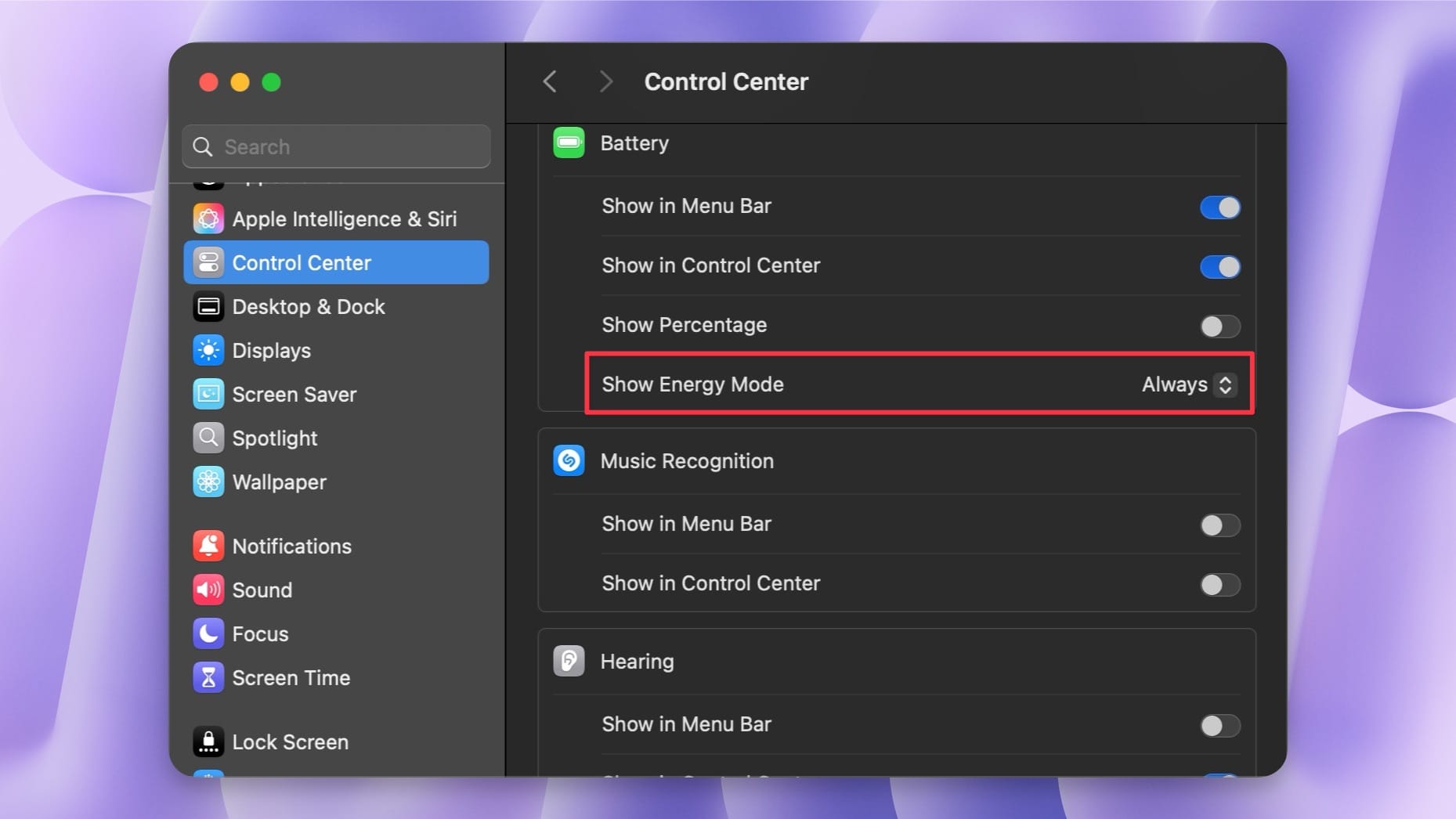 Show Energy Mode setting