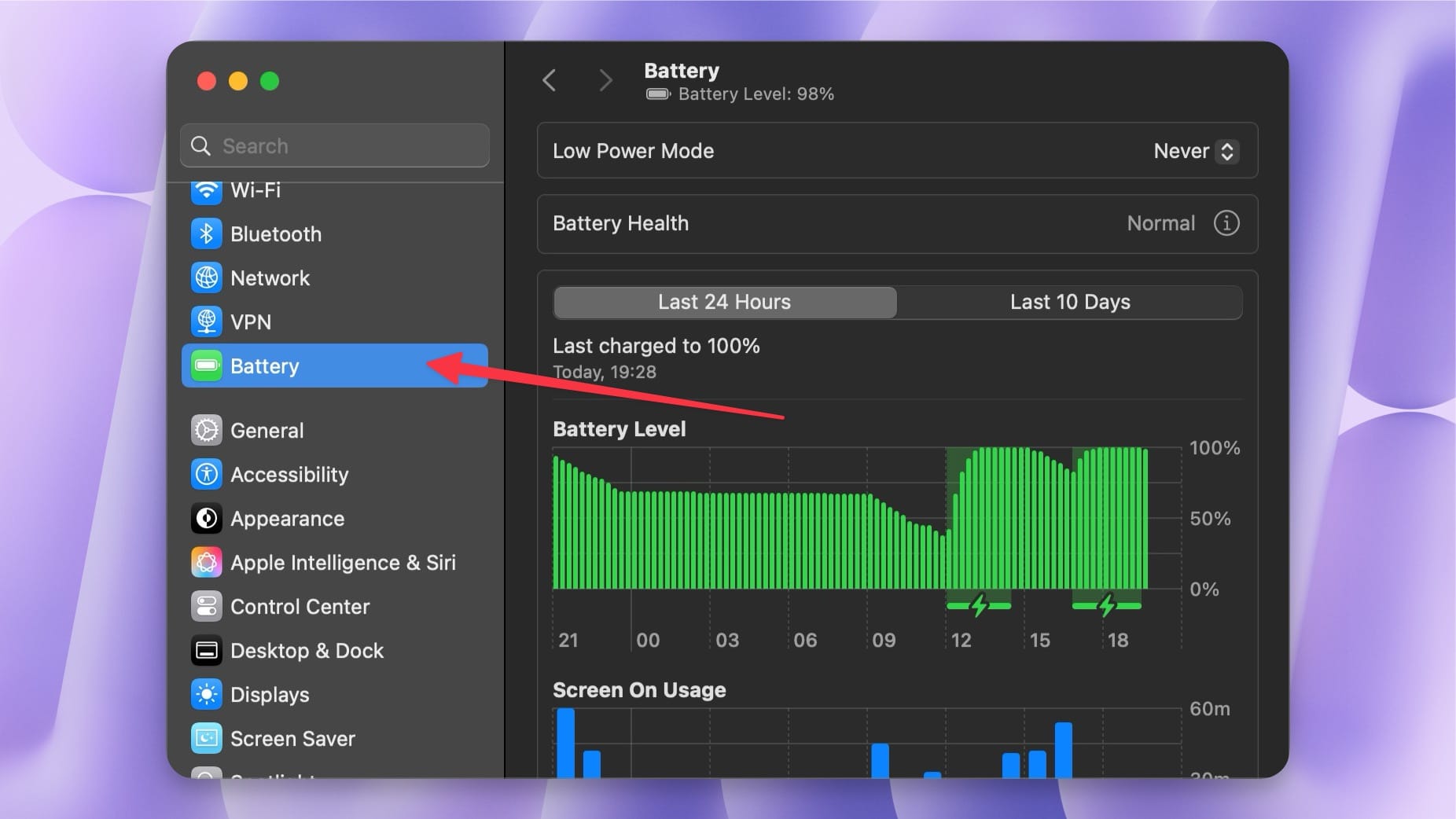 Battery settings page screenshot