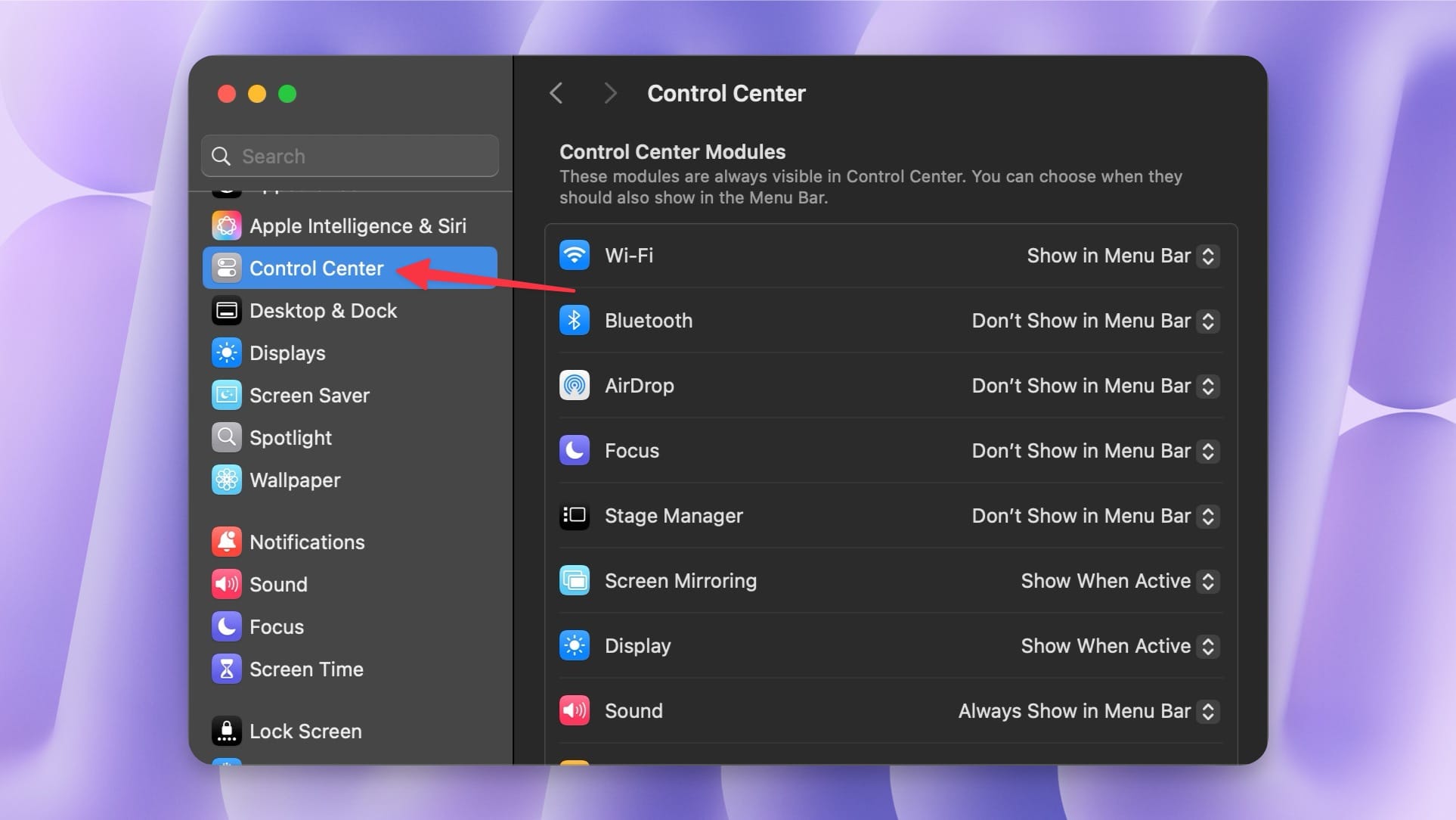 control center settings