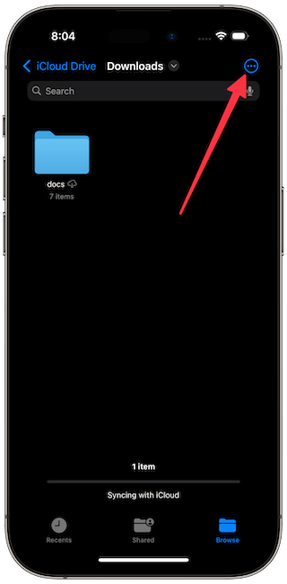 Files app showing three-dot menu