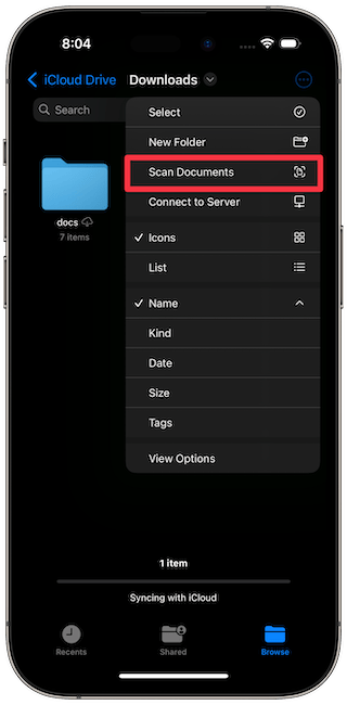 scan document option in files app three dot menu