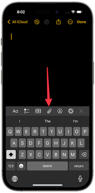 Apple notes attachment button