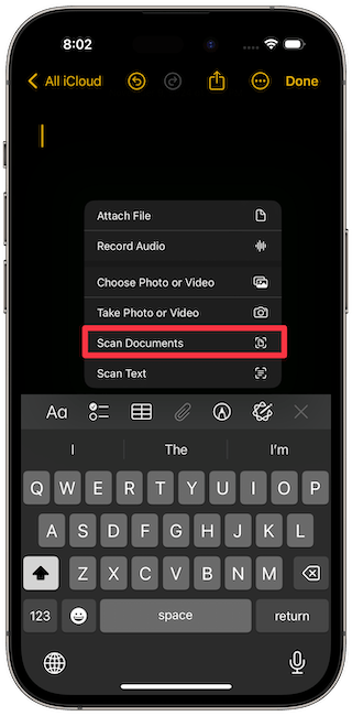 Scan documents option in Apple Notes