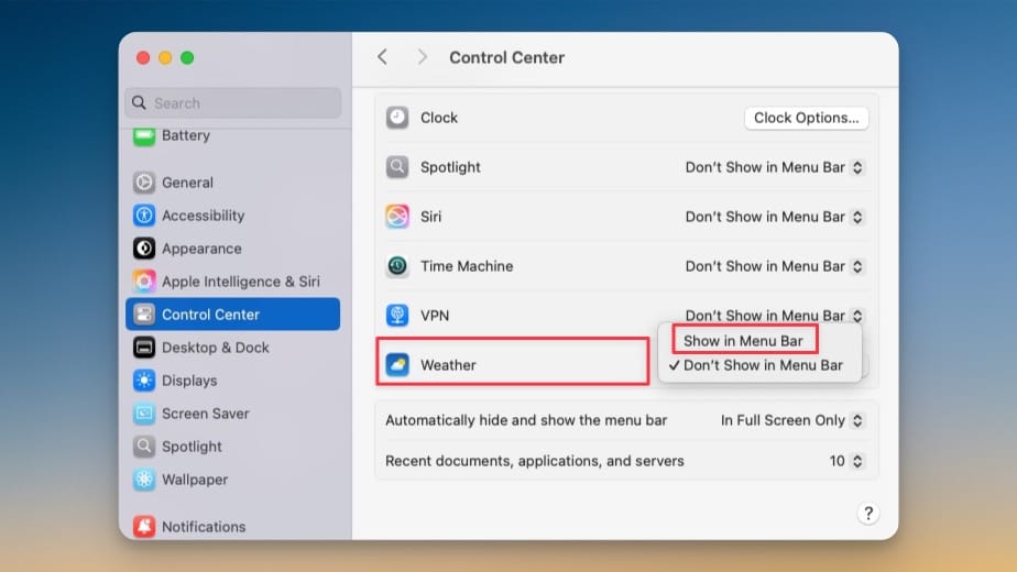 Control Center settings 