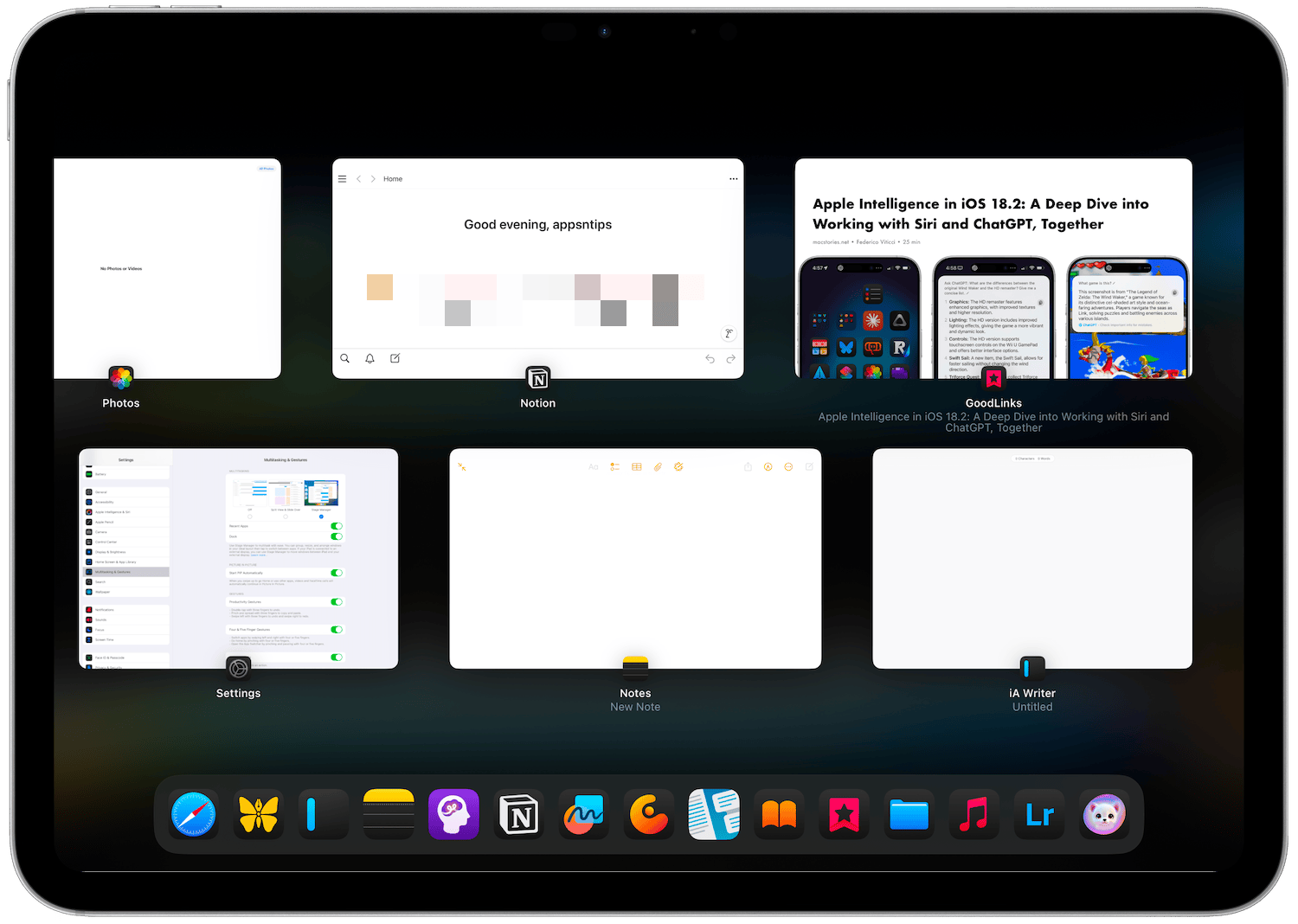 All six apps visible in recent apps menu