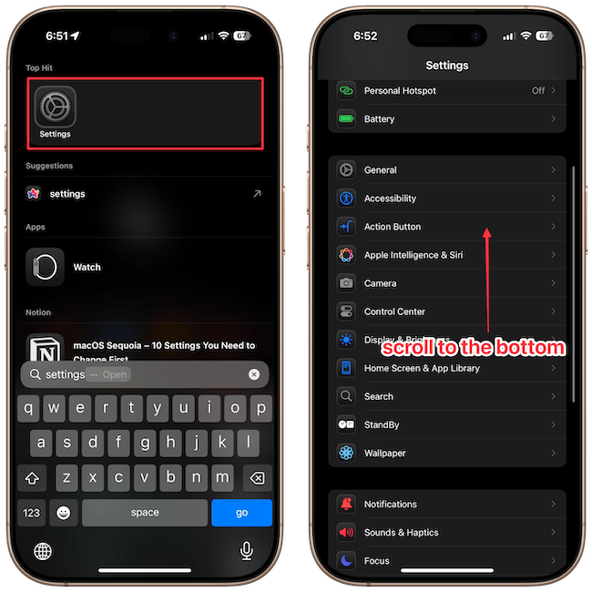 Settings app on iPhone