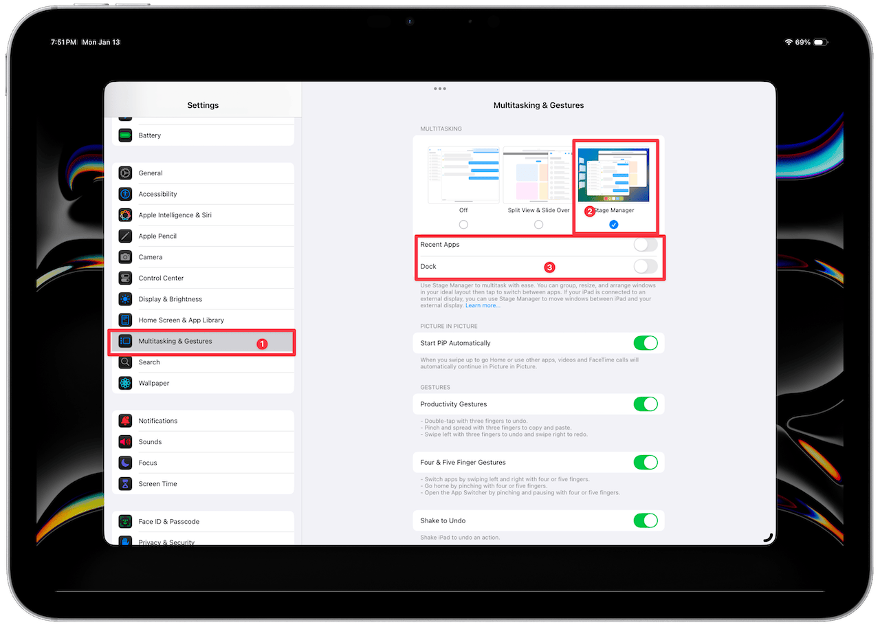 Multitasking & Gesture Settings in ipad