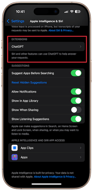 ChatGPT option under extensions submenu