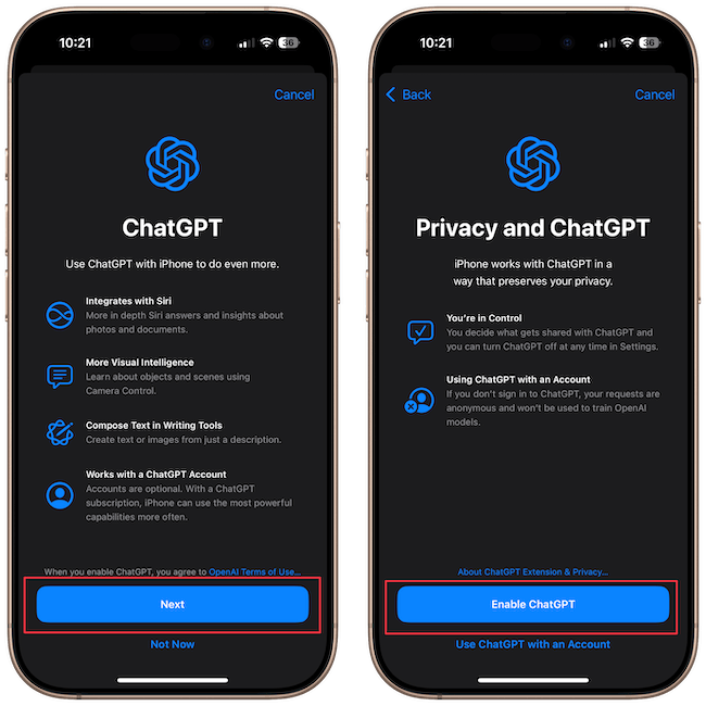 splash screens detailing the features and privacy