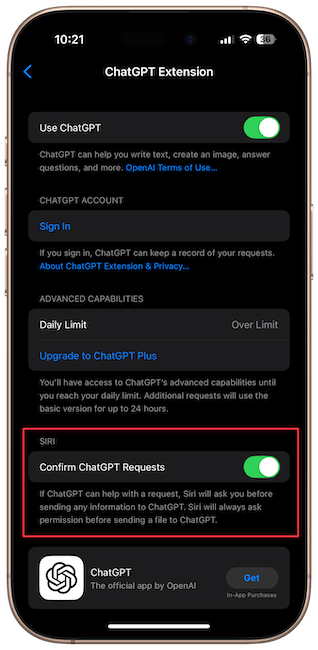 Confirm ChatGPT Requests option