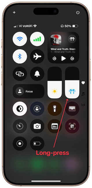 Control center showing Volume toggle