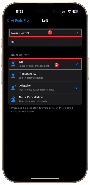 Noise control option showing Off option