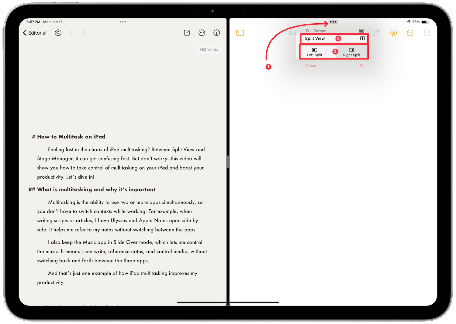 changing between left and right split with three-dot menu