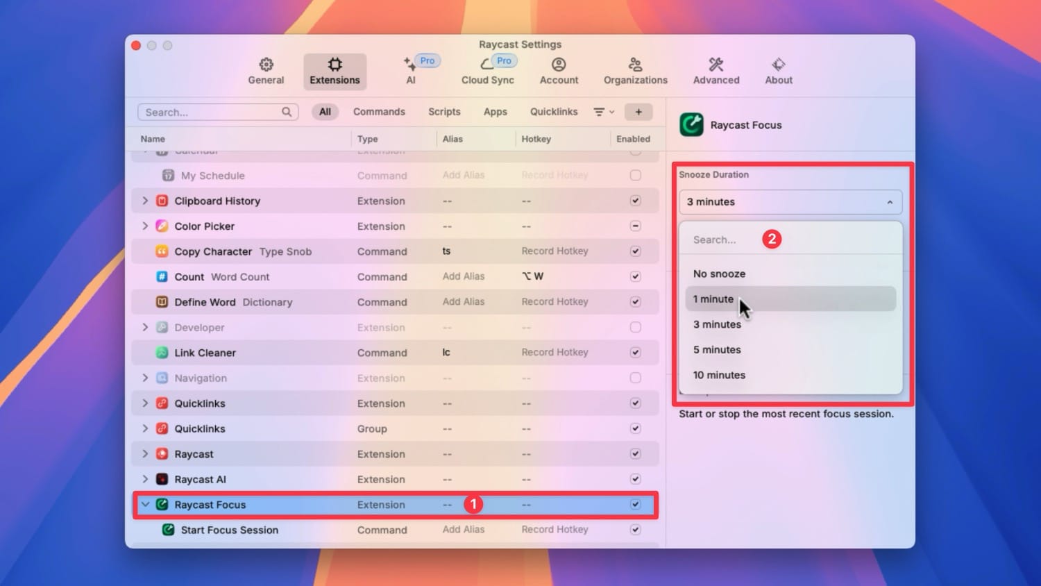 changing default snooze duration for Raycast focus