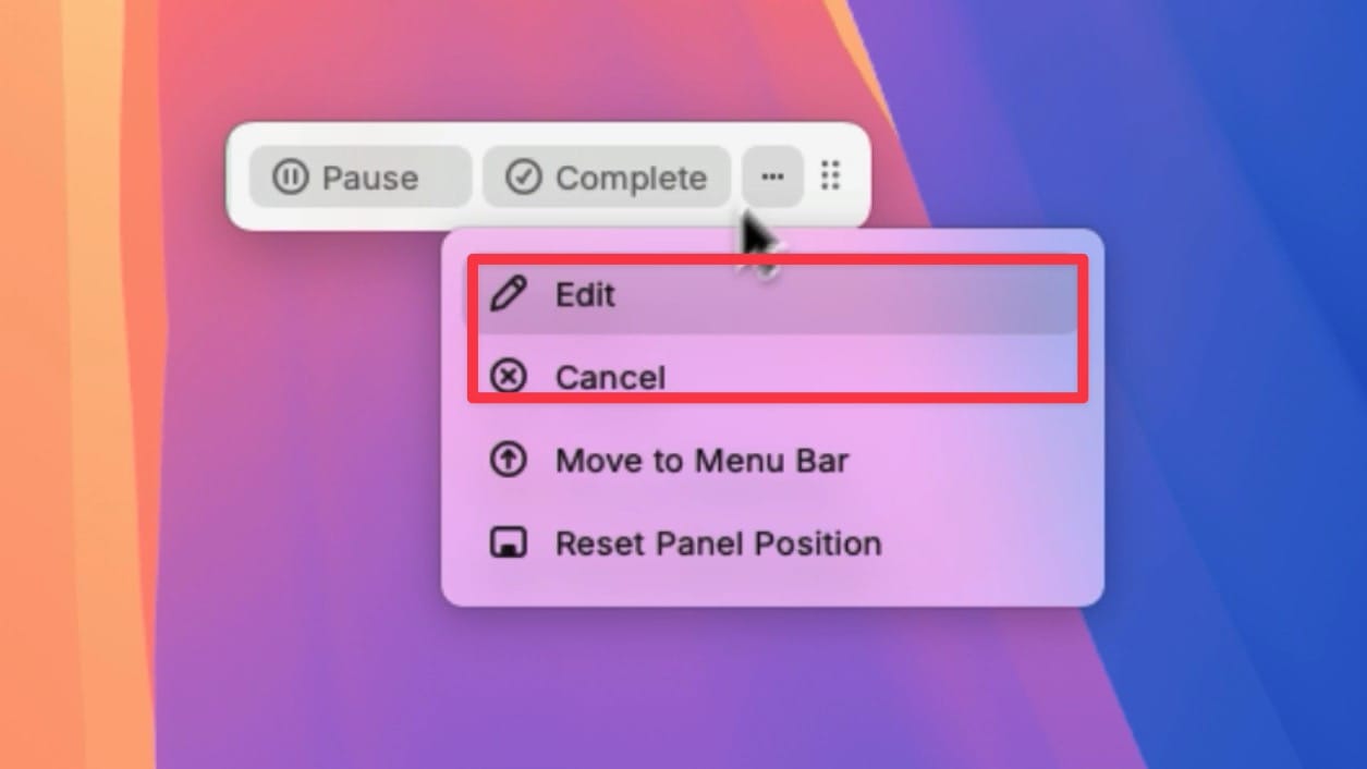 floating window three dot menu options showing Edit and Cancel options