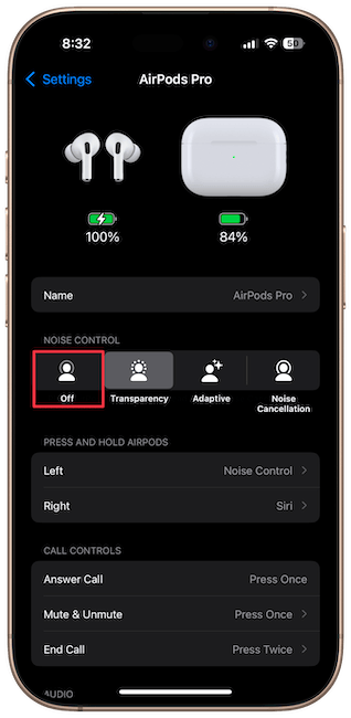 AirPods Pro setting showing Off option